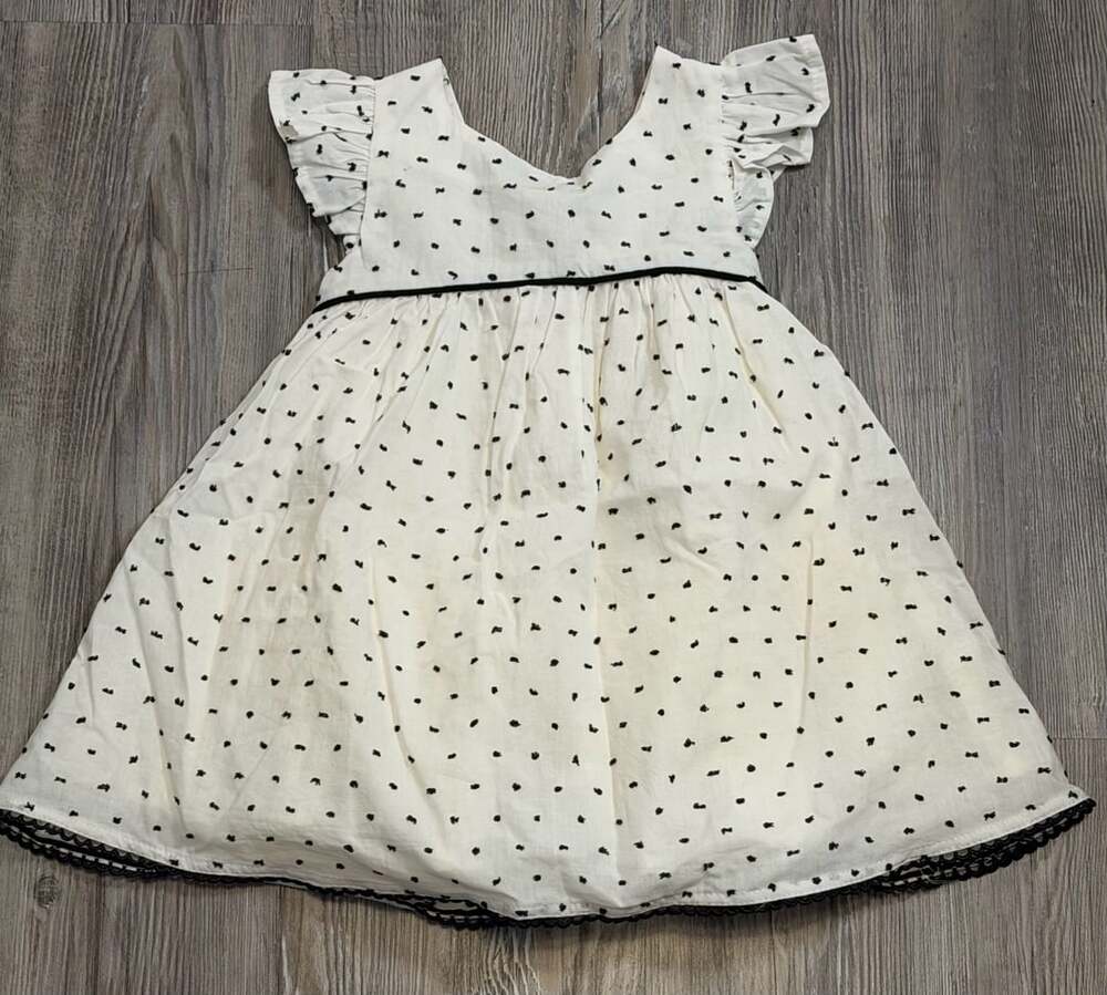 Catherine Malandrino Baby Girl Ivory Flocked Polka Dot Dress with Back Bow 18M